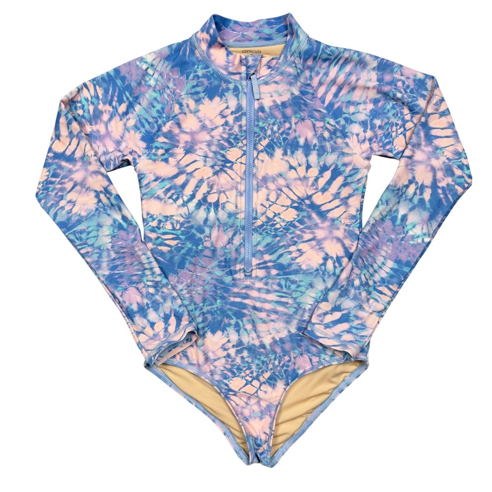 Crewcuts J. Crew Girl's 8 Tie Dye Long Sleeve One Piece Rash Guard UPF 50+ Blue - Picture 2 of 7